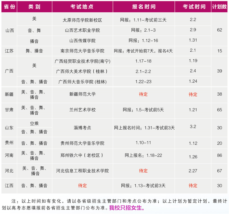 湖南女子学艺术类专业校考设点省份与考试时间安排.jpg